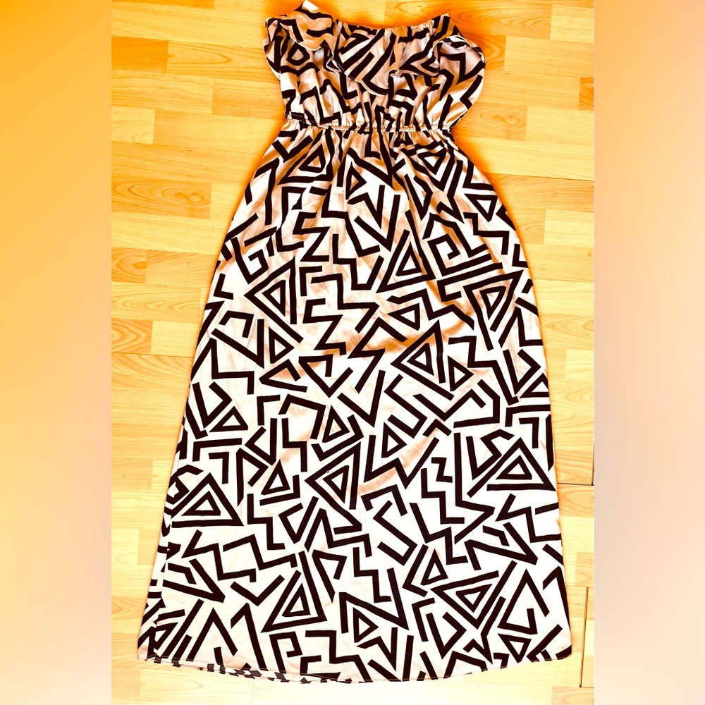 Sexy Abstract shape retro strapless beige summer Maxi Dress